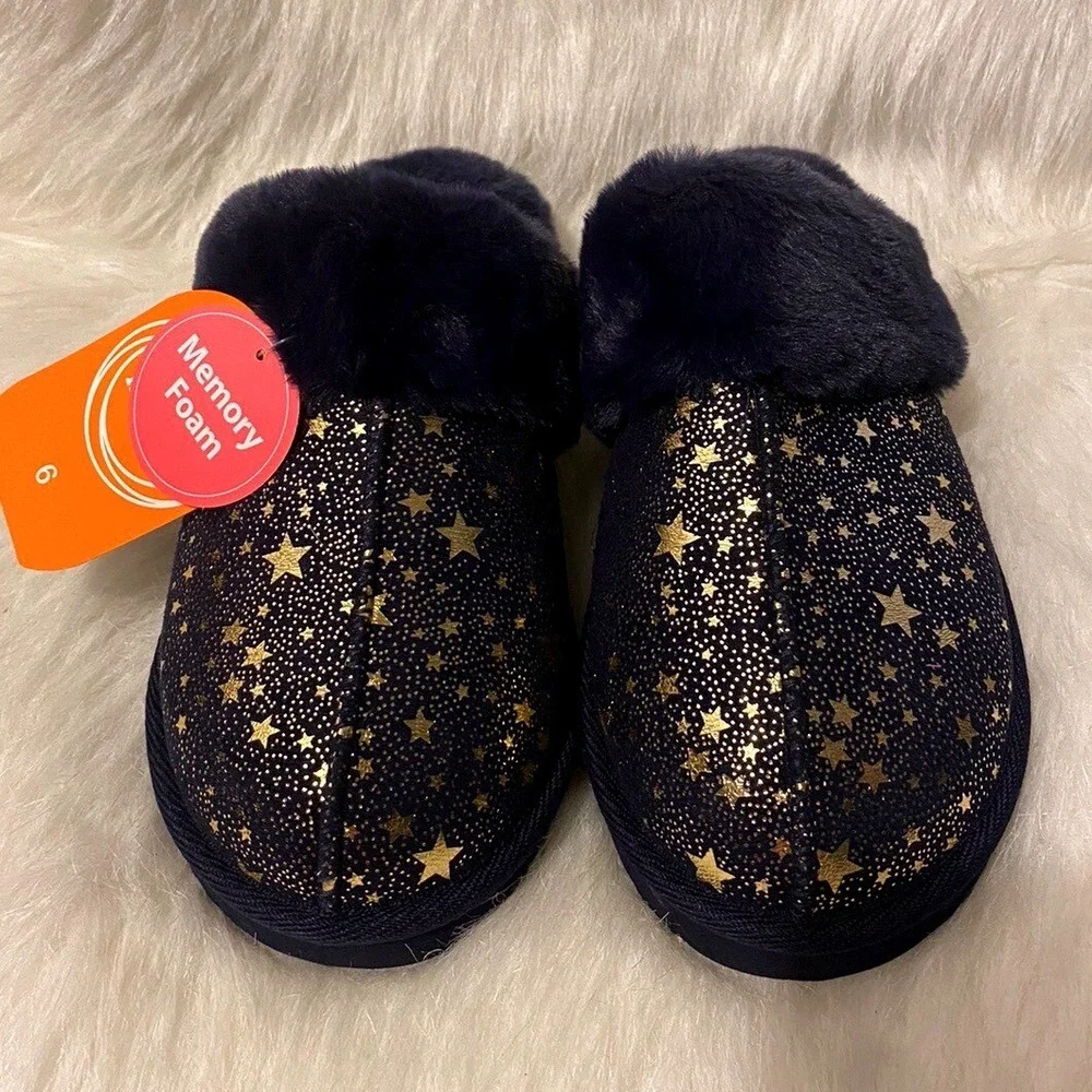 Wonder Nation Slippers Girls Size 6 Blue Stars Fuzzy Memory Foam Slip On Shoes